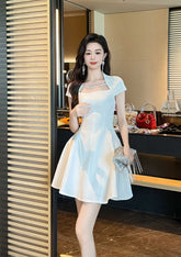 Square Collared Rhinestone Mini Flared Dress